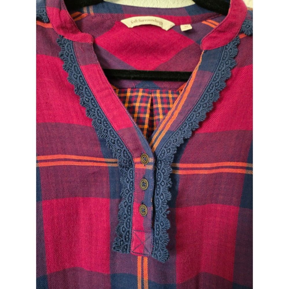 Soft Surroundings Womens XS Plaid Flannel Tunic Top Crochet Lace Trim - Picture 2 of 8